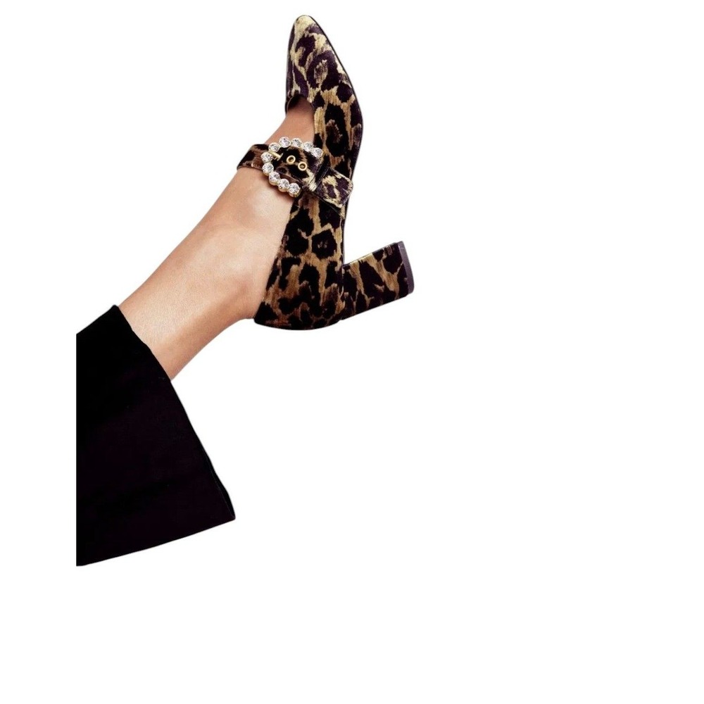 Boden Womens Leopard Print Velvet Mary Jane Block Heels Crystal Buckle 39